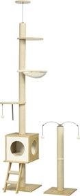 PawHut Padlótól a Mennyezetig Terjedő Macska Fa 225-285 cm Kicsi Macska Fa Állítható Magasságú Platformokkal,Hintaágy,Zsineges Oszlop,Rampa és Játék G
