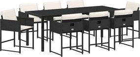 vidaXL Kert étkező szett párnával 9 pcs Fekete polirattan