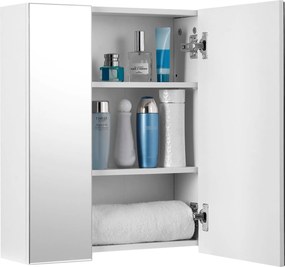 Fali fürdőszobaszekrény tükörrel, 3 ajtós tárolószekrény, 60 x 15 x 55 cm, fehér