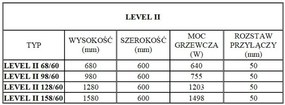 Regnis LEVEL II, fűtőelem 600x1380mm központi csatlakozással 50mm, 1203W, fekete matt, LEVEL1380/600/D50/BLACK