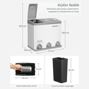 SORT szelektív hulladékgyűjtő, 24l (3x8l), szürke/fehér SongmicsHome