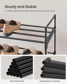 4 szintes cipőtároló állvány, fém cipőtartó 20 pár cipő számára, 92x30x73 cm, fekete