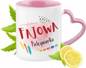 Ápolónői bögre Rózsaszín, szív alakú füllel Kávé ajándék