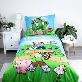 Zöld-kék egyszemélyes pamut gyerek ágyneműhuzat 140x200 cm Minecraft "Outdoor Mobs" – Jerry Fabrics