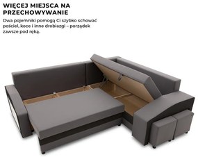 Grande sarokkanapé polcokkal és puffokkal , polc a bal karfaban puffok a jobb karfaban, jobboldali, szövet anyag, hab töltet, szürke - fekete