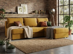 Kihúzható, kétoldalas L-alakú kanapé VENORIA SLIM 200x143 cm, mustársárga + 2 párna INGYEN