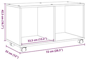 betonszürke szerelt fa görgős szekrény 72 x 33 x 42,5 cm