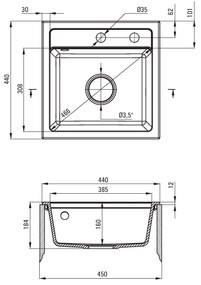 Deante Zorba, gránit mosogató 440x440x184 mm B / O, 3,5 "+ helytakarékos szifon, 1 kamrás + Nemezja csaptelep, grafit, ZQZA2103