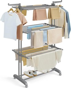 SONGMICS 4 szintes összecsukható ruhaszárító állvány, 3 szárítószinttel, cipőtartóval és görgőkkel, 126 x 64 x 172 cm, max. 35 kg, szürke