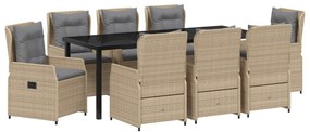 9 részes kerti étkező garnitúra bézs poli rattan, Kerti asztal fekete 200x80x73 cm edzett üveggel