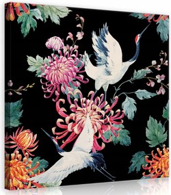 Vászonkép 80x80 Darvak krizantém virágok madarak fekete háttér elegancia