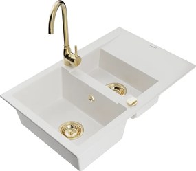 Mexen Gaspar gránit mosogatótálca 1,5 rekeszes csepegtetővel és Telma konyhai csapteleppel, fehér - 6507-20-670200-50