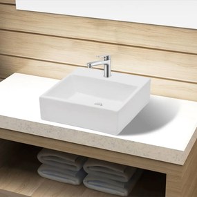 vidaXL Négyszögletes kerámia fürdőszoba mosdókagyló csaptelep lyukkal fehér
