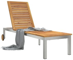 Napozóágy Kerekekkel 207x58x35 cm Tömör Akácfából és Rozsdamentes Acélból