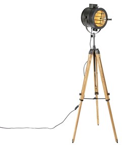 Fekete állványos állólámpa, fa stúdióponttal - Radient