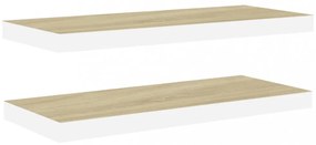 2 db tölgyszínű és fehér MDF lebegő fali polc 80x23,5x3,8 cm