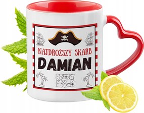 Piros bögre szív alakú füllel Damiannak Ajándék
