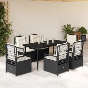 7 részes fekete polyrattan kerti étkezőgarnitúra párnával