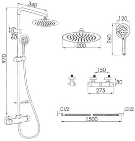 Erga Enza, zuhanygarnitúra termosztatikus csapteleppel és esőfejjel 20cm, fekete matt, ERG-YKA-BP.ENZA20-BLK