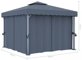 antracitszürke pavilon függönnyel és LED fényfüzérrel 3 x 3 m