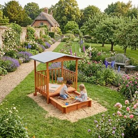 SUNNY verandás homokozó, 130x130x143cm, barna/szürke Jurhan