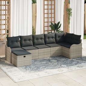 7 részes kerti kanapé szett párnákkal világosszürkében poli rattan, 2 fős kerti kanapé párnákkal világosszürkében poli rattan