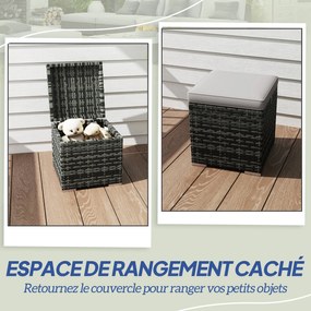 Outsunny 2 db Osztott Puff, PE Rattan Tároló Hellyel, Kerti Lábpihentő Levehető Párnákkal, Puff 40 x 40 x 41 cm, Világosszürke | Aosom