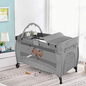 Utazóágy pelenkázó lappal és játékhíddal, szürke