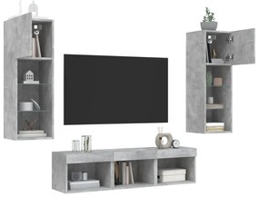 5 darab betonszürke szerelt fa fali TV-bútor LED-del