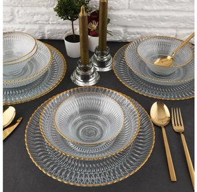 12 darabos étkészlet – átlátszó üveg, arany részletekkel