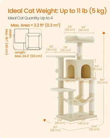 Macska kaparófa, cicatorony, 4 kaparóval, 2 pihenőhely, 40x40x112cm,  bézs