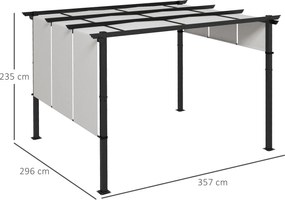 Outsunny Pergola 3 Csúsztatható Napellenzővel 3.5 x 3 x 2.35 m Fekete Acél Váz Világosszürke Magas Sűrűségű Poliészter Napellenző | Aosom