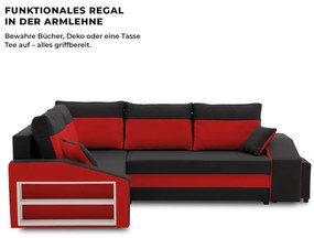 Grande sarokkanapé polcokkal és puffokkal , polc a bal karfaban puffok a jobb karfaban, baloldali, szövet anyag, hab töltet, fekete - piros