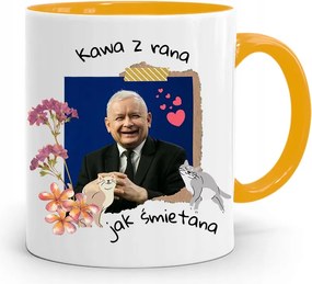 Sárga Vicces Bögre Jaroslaw Kaczynski felirattal, fényképpel
