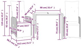 3 részes barna polyrattan kerti bisztrógarnitúra párnákkal