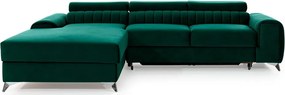 Zöld bársony kinyitható-tárolóhelyes sarokkanapé (bal oldali-heverő résszel) Grayson – ELTAP