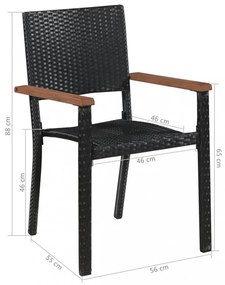 7 darabos fekete kültéri polyrattan és akácfa étkezőszett