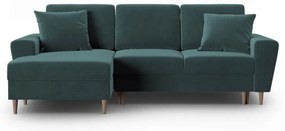 Petróleum színű bársony kinyitható tárolóhelyes sarokkanapé (bal oldali-heverő résszel) Kyoto – Cosmopolitan Design