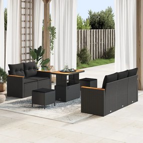 8 darabos Kerti Sofasor Párnákkal Fekete Poli Rattan Akácia, 3 darabos Kerti Étkezőszett Párnákkal Fekete Poli Rattan Akácia