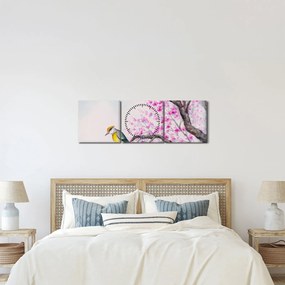 Kép - Madár egy fán rózsaszín virágokkal (órával) (90x30 cm)
