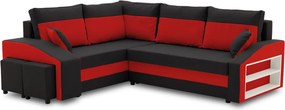 Grande sarokkanapé polcokkal és puffokkal , polc a jobb karfaban puffok a bal karfaban, baloldali, szövet anyag, hab töltet, fekete - piros