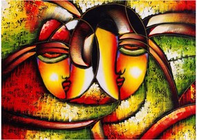 Kép - olajfestmény, absztrakt arcok (üvegen) (70x50 cm)