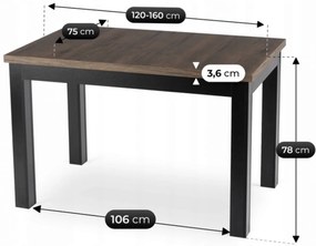 Bővíthető Étkezőasztal Dió/Fekete Színben. SKUBI 120–160 cm