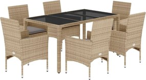 vidaXL 7 részes bézs polyrattan/üveg kerti étkezőgarnitúra párnákkal