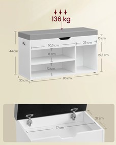 Párnázott ülőke cipőtartóval és rejtett tárolással, fehér színben