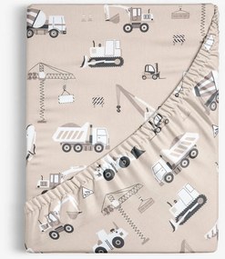 Goldea gyerek pamut körgumis lepedő - teherautók és markolók bézs alapon 160 x 200 cm