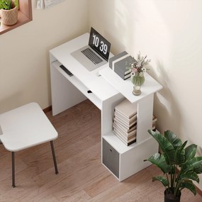 HOMCOM Multimédia Számítógép Íróasztal Polcokkal, Billentyűzet Tárolóval, Szürke Forgácslap Fehér | Aosom