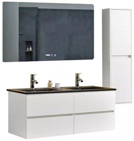 Hongkong Duo White 120 komplett fürdőszoba bútor szett fali mosdószekrénnyel, dupla fekete mosdóval, tükörrel és magas szekrénnyel