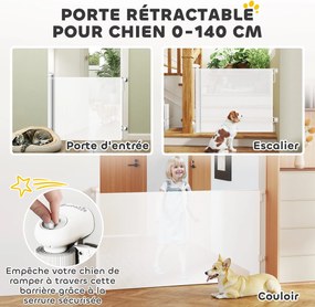PawHut Húzható Kutya Biztonsági Korlát 0-140 cm Szélességben, Lépcső- és Ajtó Korlát Kutyák és Cicák Számára Lakattal, Fehér | Aosom