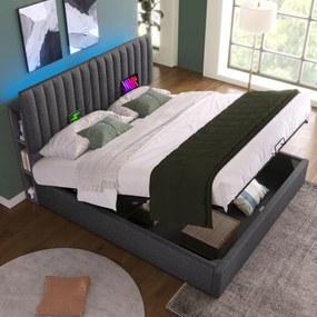 Kárpitozott ágy Franciaágy 160x200cm Led Usb C Hidraulikus szürke